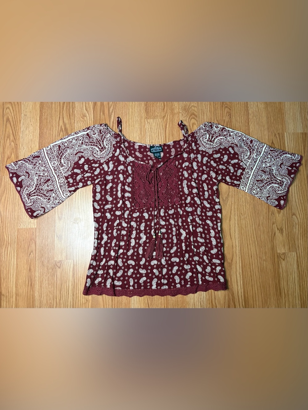 Angie Burgundy Paisley Off-Shoulder Tie-Front Camisole
